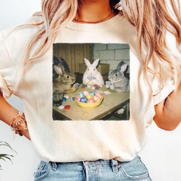 Tops - Funny Bunny Easter Shirt, Retro Bunnies 90s Photo Tee